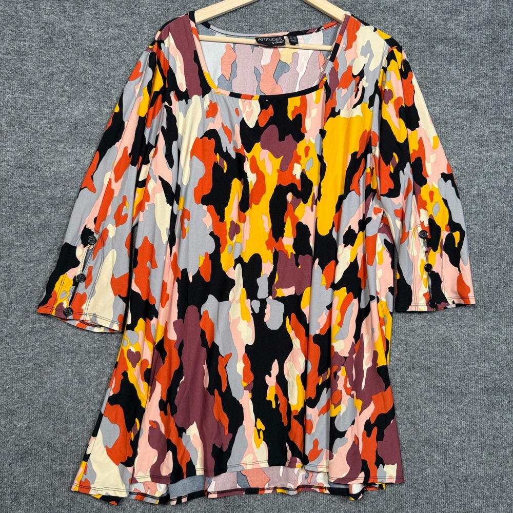 Attitudes by Renee Plus‎ size 2X Tunic Top Brown Abstract Square Neck Stretch
